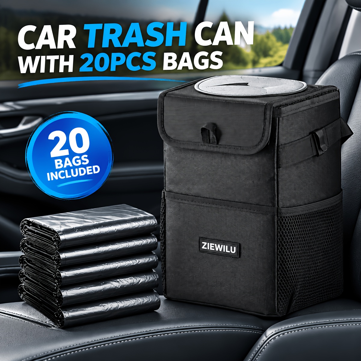 TEMU 21-inch Car Trash Can Set, High Quality And Leak-proof Car Trash Bin, Comes With An Adjustable Strap And Multiple Storage Pockets,