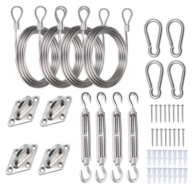 Stainless Steel 48pcs Sunshade Sail Hardware Kit - Triangular And Square Awning Fixing Accessory Set - for Outdoor Use, Includes Screw Buckles, Spring Hooks, Eye Pads, PVC Coated Steel Wire Rope, And Screws