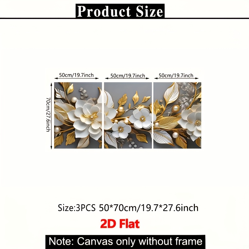 TEMU Piatto 2D, Piatto 2D Set di 3 Poster Artistici Moderni con Foglia d'Oro e Fiori, Sfondo per Parete, Tela Pittura Decorativa Adatta ad Adulti,