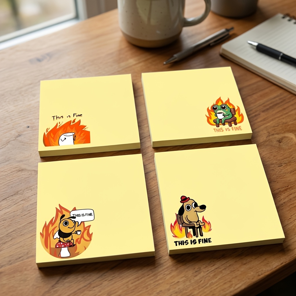 TEMU 4pcs Funny "this Is Fine" Sticky Notes 3x3 Inch 50 Sheets Funny Office Note Pads Adhesive Funny Sticky Notes For School Office Home Supplies