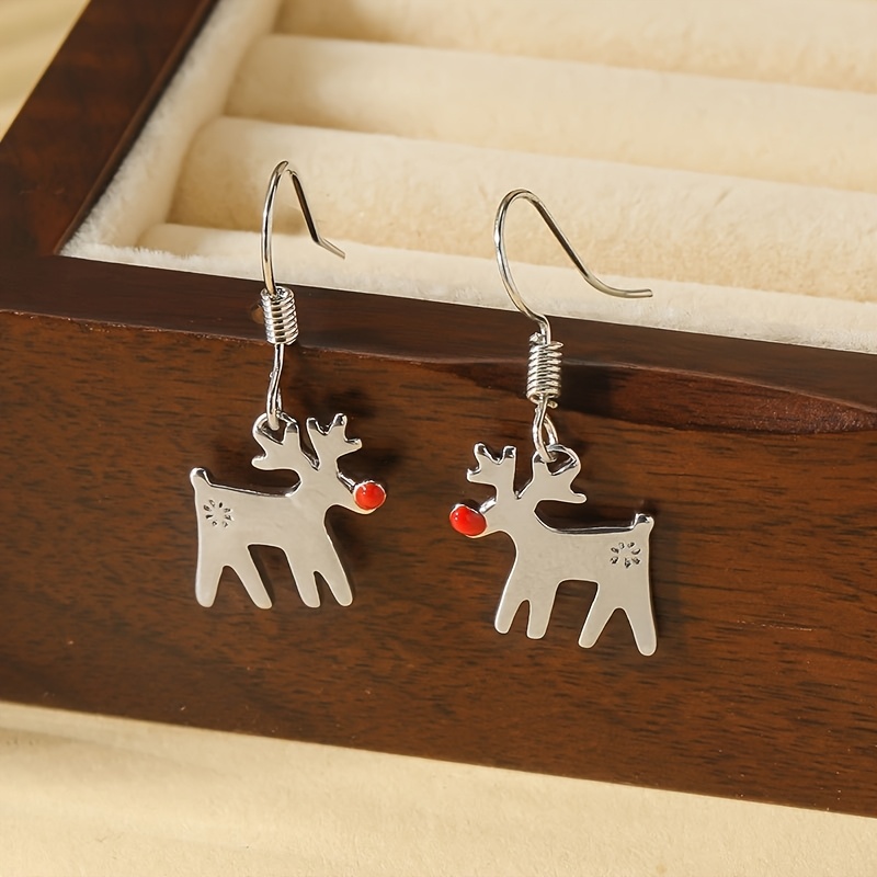 TEMU 2pcs Reindeer Earrings, Red- Reindeer Earrings, Red- Reindeer, Christmas Silvery Reindeer Ear Studs, Suitable For Daily Wear, Parties, Christmas