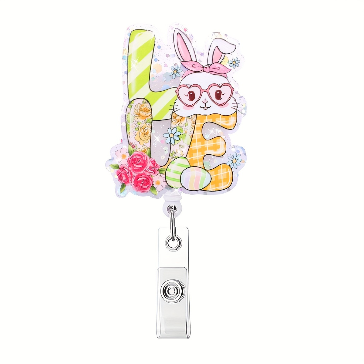 1pc Easter Retractable Badge Reel Cute Bunny Badge Holder With Alligator Clip Acrylic Rabbit Rainbow Print Badge Reel Holder For Doctor Teacher