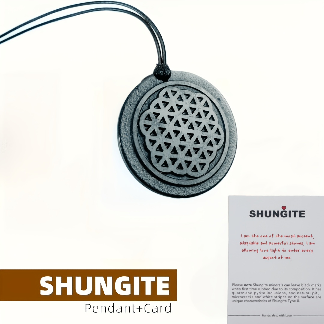 TEMU 1pc, Karelian Shungite Flower Of Life Pendant Necklace, Natural Stone Hand Engraving, Unisex Necklace Jewelry, Faux Leather Roping, Perfect Gift