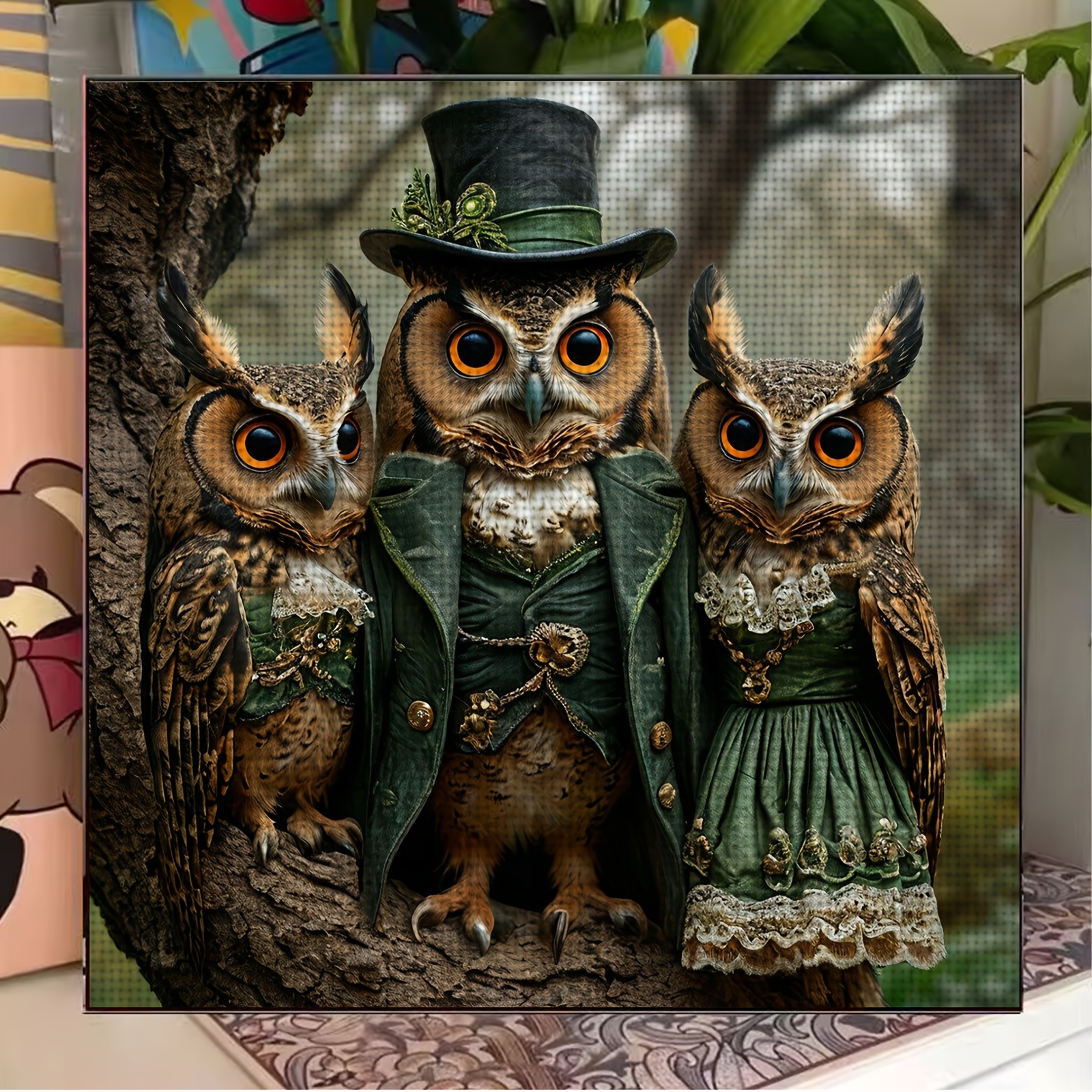 Printed Cross-Stitch Kit, Three Owls in Green Design