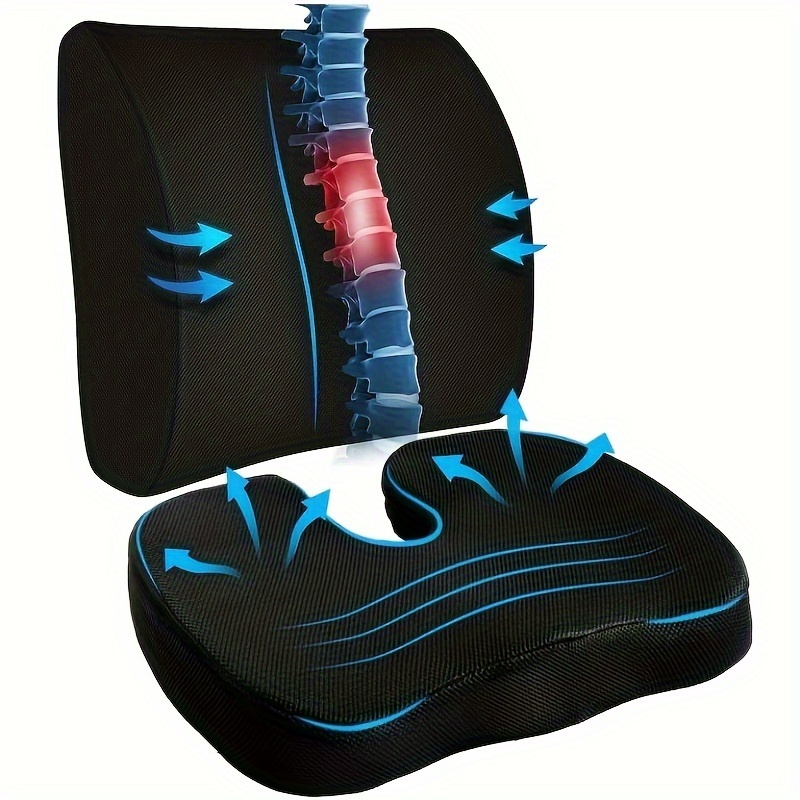 

Ergonomic Memory Foam Seat Cushion & Lumbar Support Pillow Set - Machine Washable, Zippered For Office Chair, Car, Wheelchair - Black