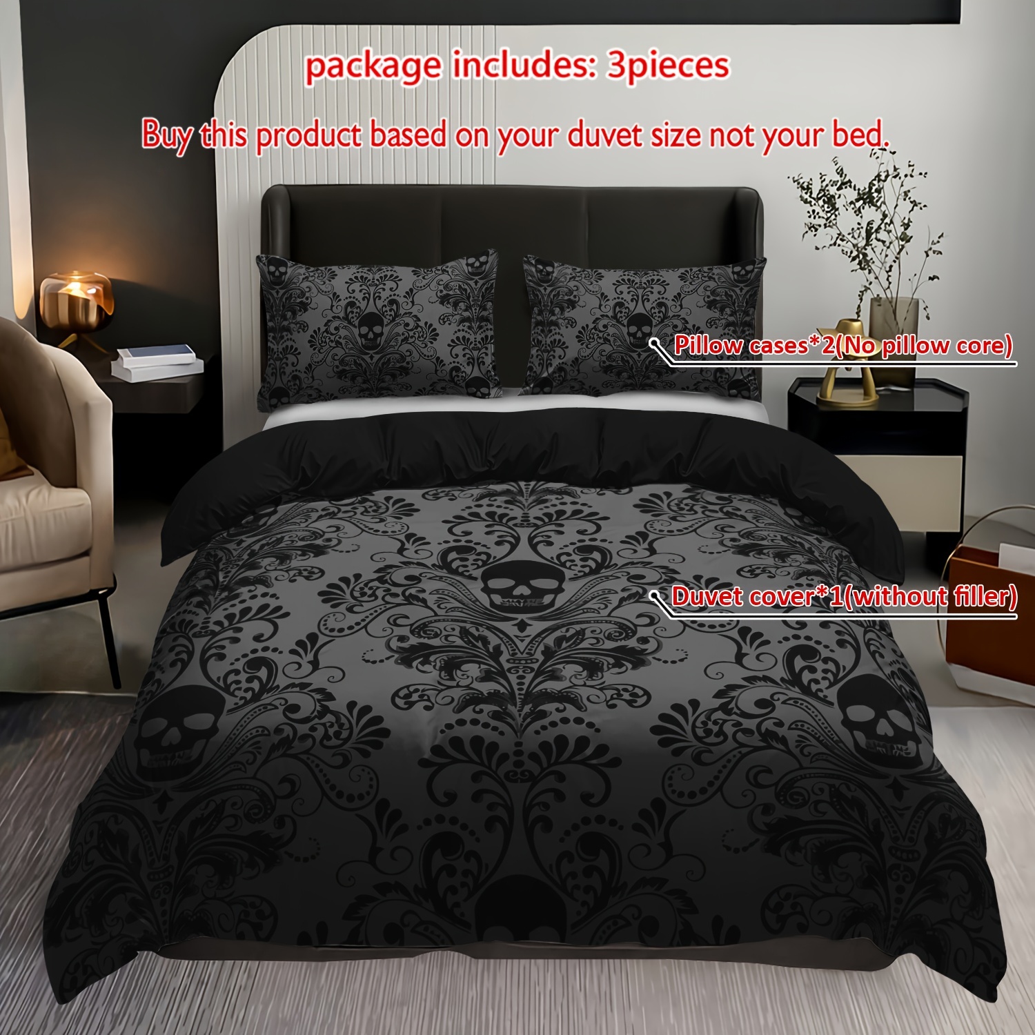 Image of 3pcs Soft & Breathable Bedspread (comforter Cover) - Elegant Black Floral Bed Sheets Suitable For , Machine Washable Duvet Cover Set With 2 Pillowcases (no Inserts) - Modern Bedding For S &
