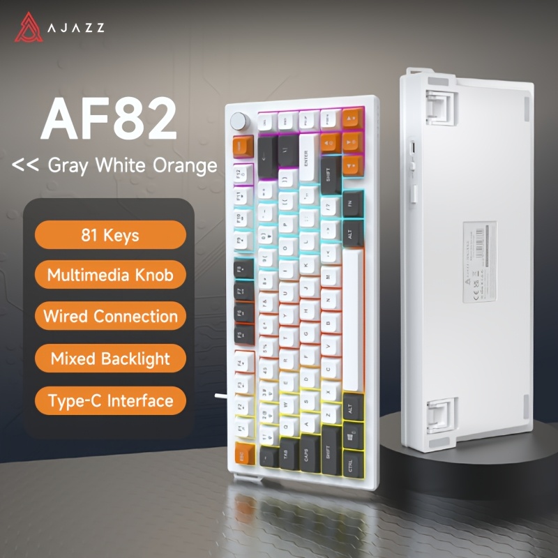 Image of Ajazz Af82 Wired Membrane Keyboard | 81 Keys Ergonomic, Mixed Color Backlight, Multimedia Knob, Three- Keycaps, Suitable For Office Use