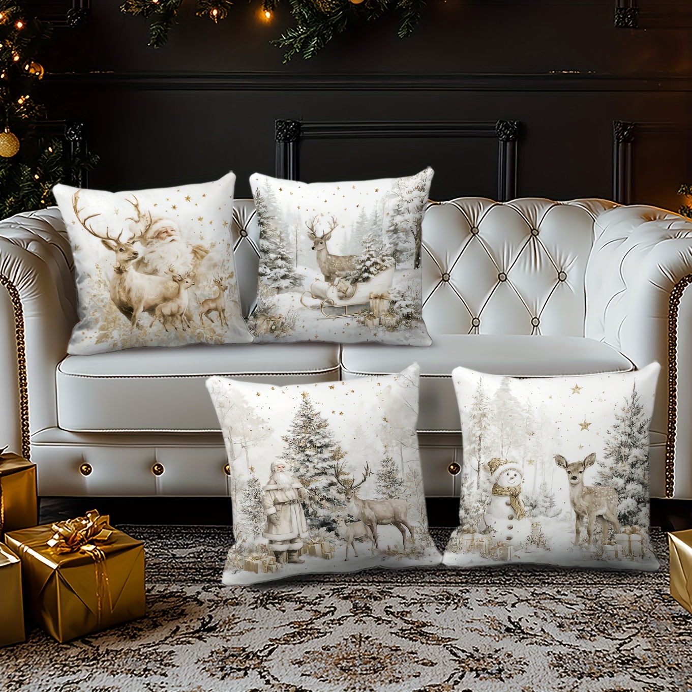 TEMU 4pcs Retro Country Style Sleigh Reindeer Santa Claus Christmas Tree Pillow Covers For Holiday Party, Outdoor Garden Fireplace Room Decor - No