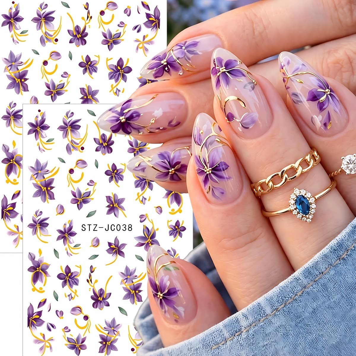 TEMU 2pcs Purple Flower Nail Stickers French Nail Elegant Violet Floral Leaf Self-adhesive Nail Art Decals For Manicure For Women Nail Supply