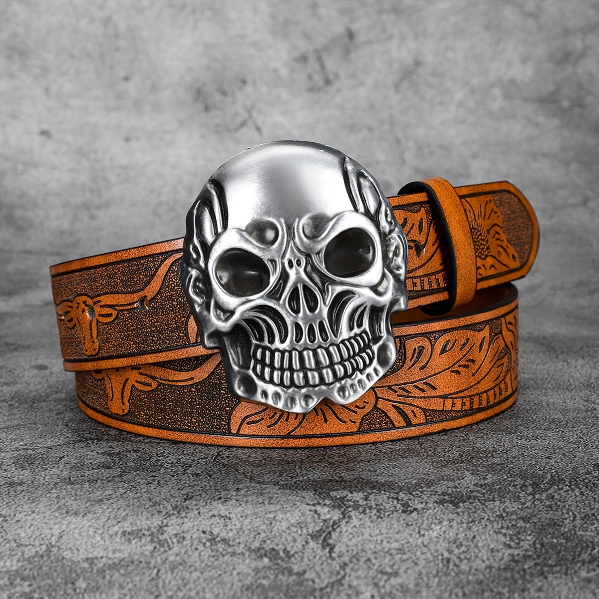Skull Print Faux Leather Belt Caramel