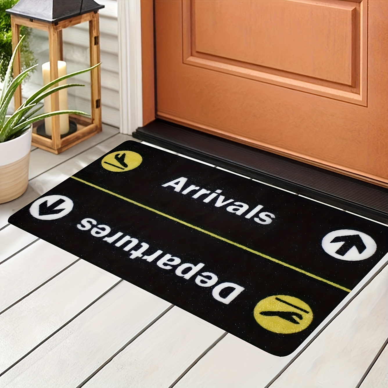 TEMU 1pc Airplane And Themed Doormat - Machine Washable, Black With Yellow/ Schedule . Suitable As Entryway Mat Or Decorative Piece In Bathroom,
