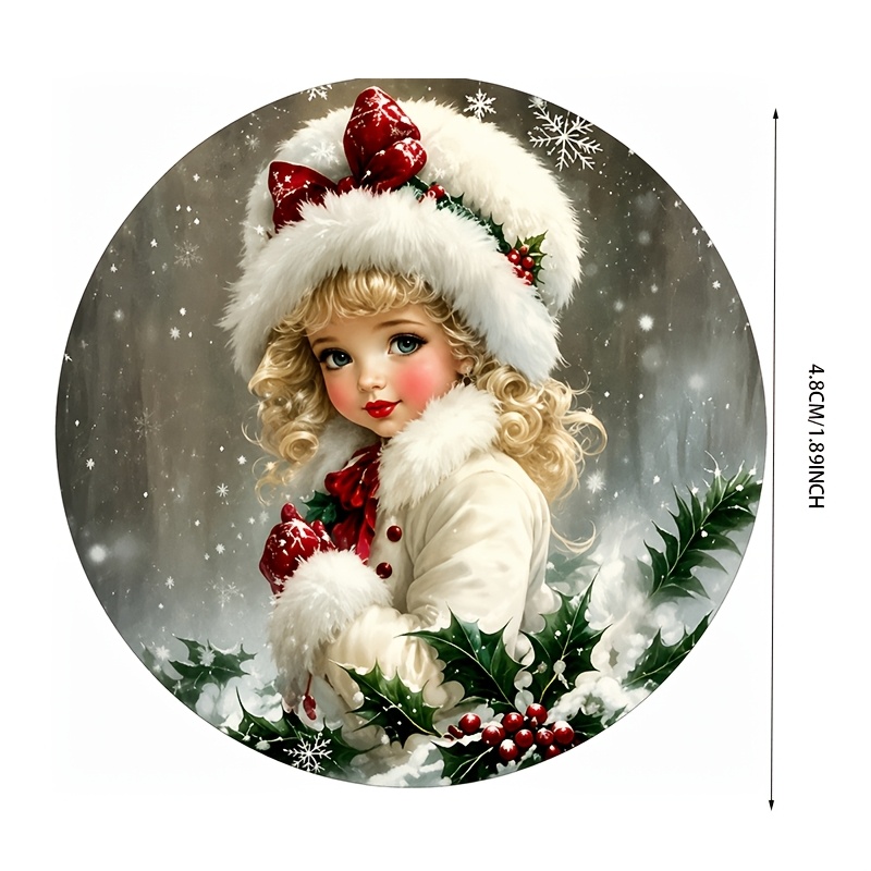 TEMU 40er-Pack Vintage Weihnachts-Rundaufkleber mit kleinem Mädchen, 1,89 Zoll, weiße Pelzmütze mit roter Schleife, Stechpalmenbeeren, Schneeflocken,