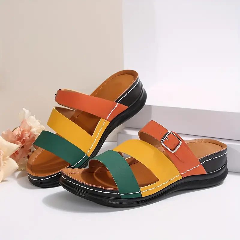 womens colorblock slide sandals stylish summer with thick sole slip and adjustable strap in orange green yellow and black strappy sandals details 5