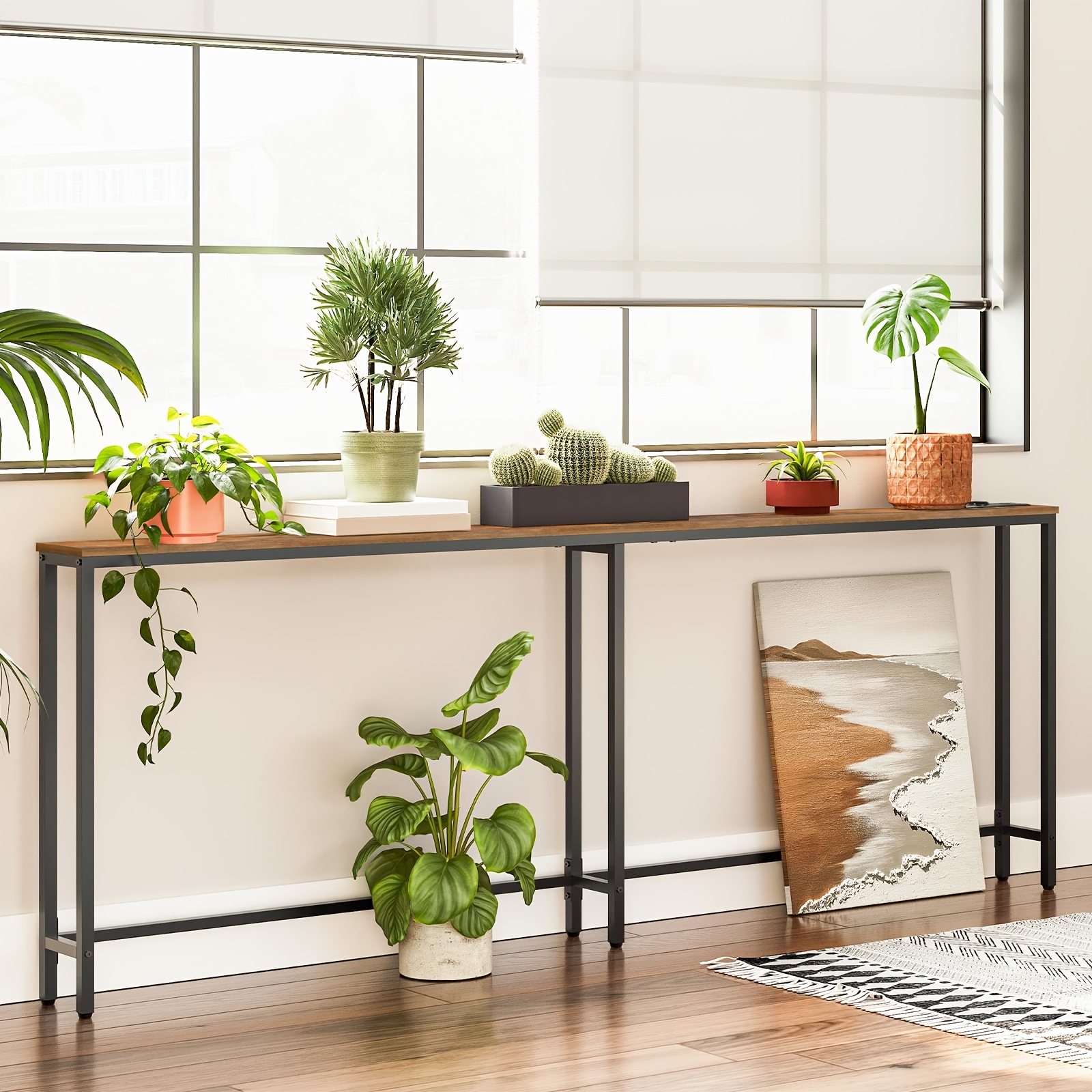 Narrow Console Table With Socket Strip, Console Table With Charging Station, Narrow Sofa Table, Console Table Behind Sofa, For Entrance Area, Hallway, Rustic Brown And Black