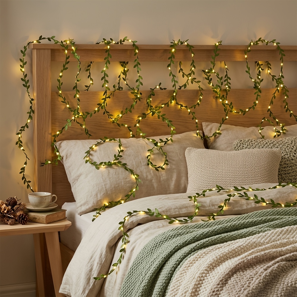 Image of 1pc Majisu Battery Powered Elegant Green Leaf Vine Fairy Light 2m Warm White Small Leaf Vine Bedroom Party Wedding Interior Home Decor