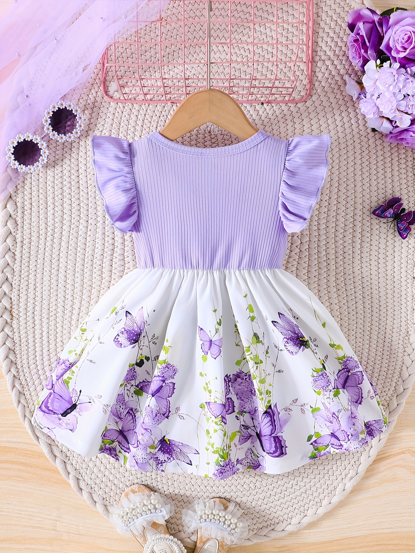 Girls' Spring/Summer Ruffled Sleeve Dress with Bow Detail and Elastic Waistband - Green Butterfly Print on White, Knee-Length, Machine Washable