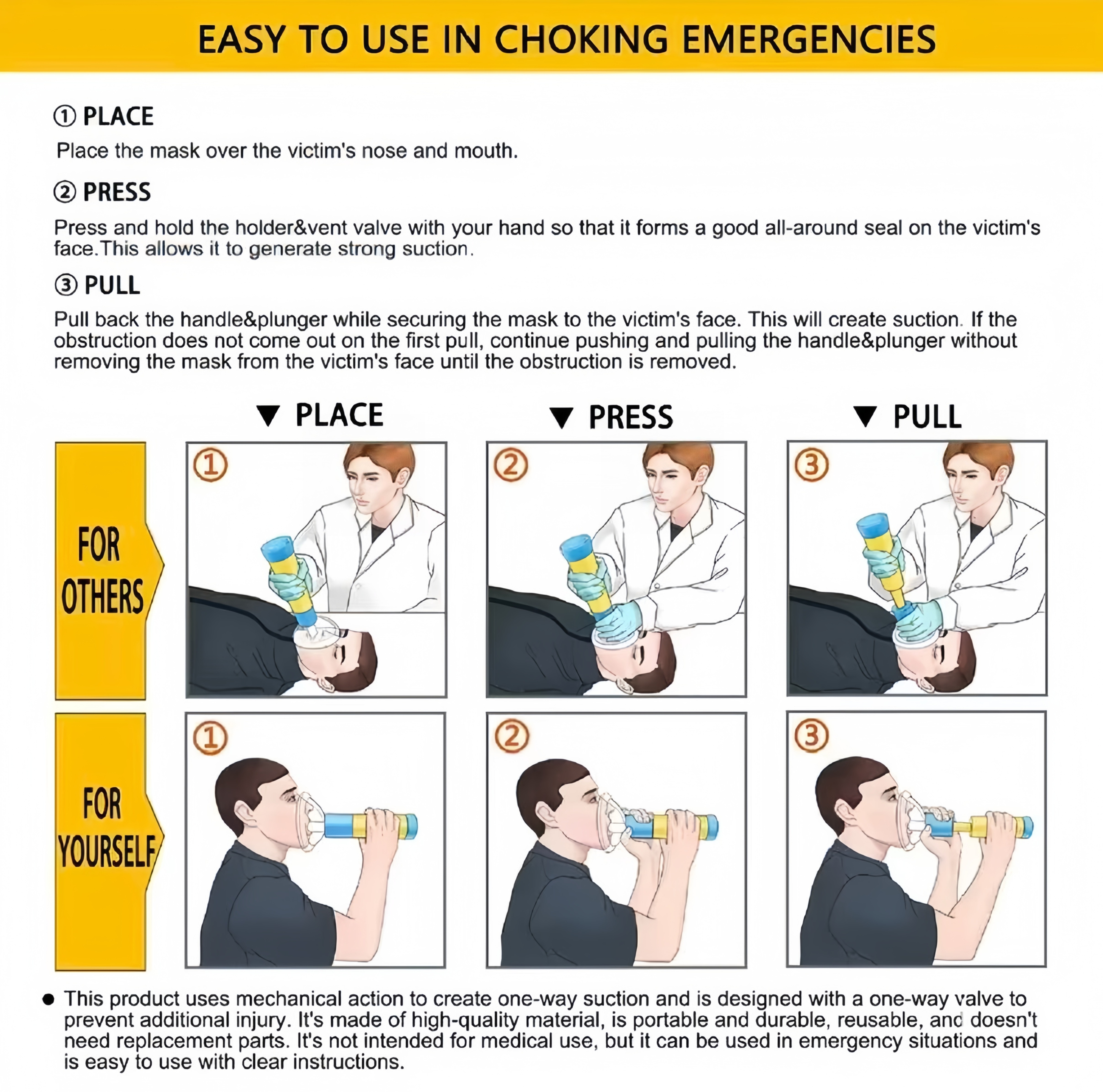 1 Heimlich Anti-Choking Device | Throat Negative Pressure Suction Device, Household Portable Automatic First Aid, Reusable, Mixed Color, PP Material