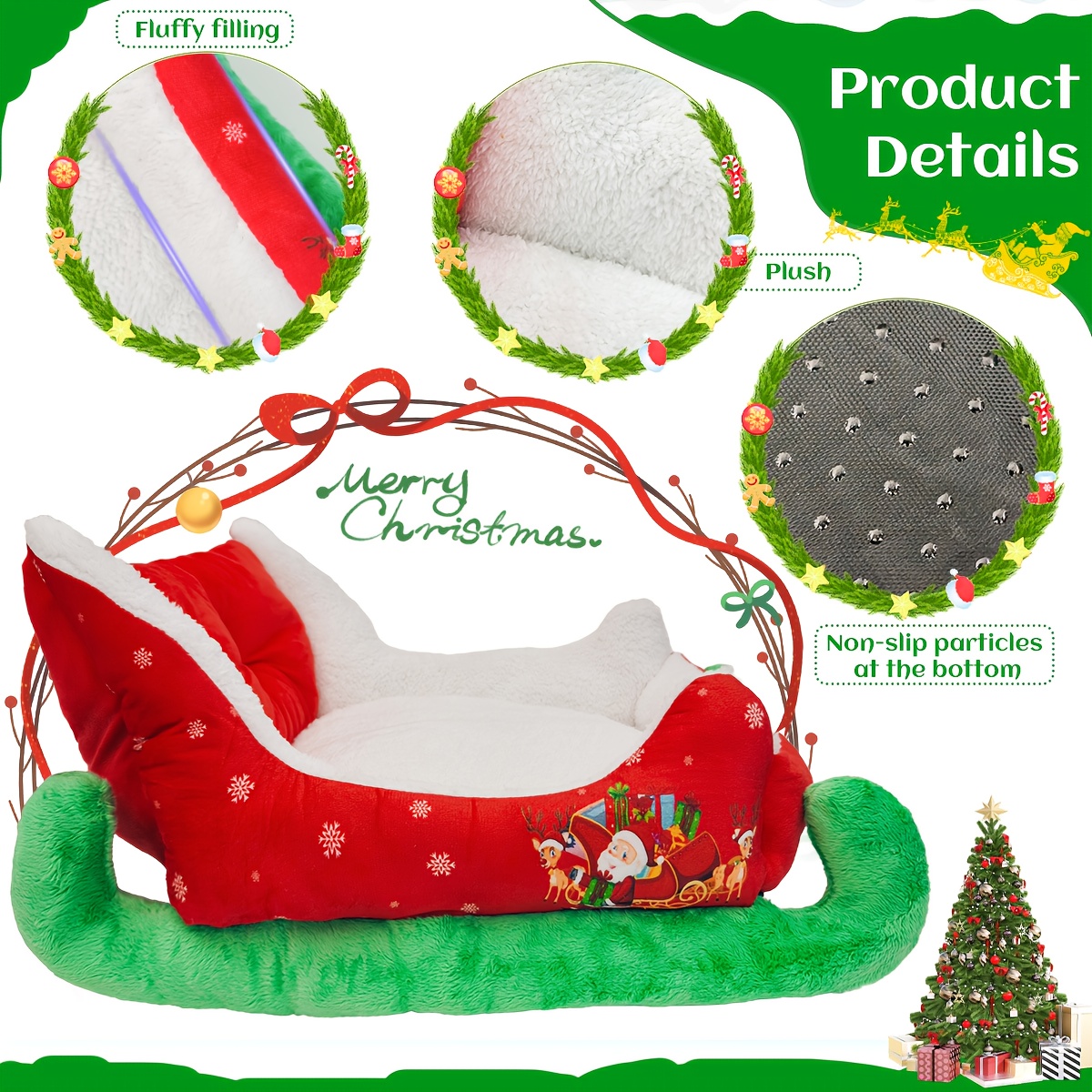 heated christmas sleigh pet bed with removable washable cover -   thickened dog bed with plush filling, red & green festive design with white fur trim, sturdy frame &   - ideal for large/small/  dogs,   house, cozy winter bed for home decor, no  ,   gift,   fabric Product details 1