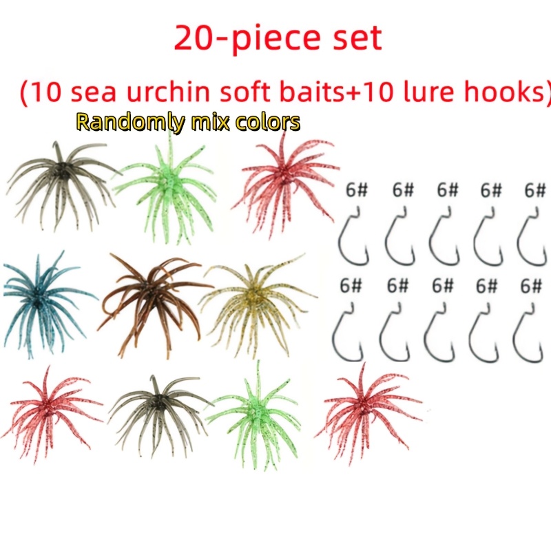 TEMU Set da 20 pezzi (10 esche morbide a forma di ami per esche artificiali), ami a crank a larga, esche da pesca realistiche biomimetiche sferiche