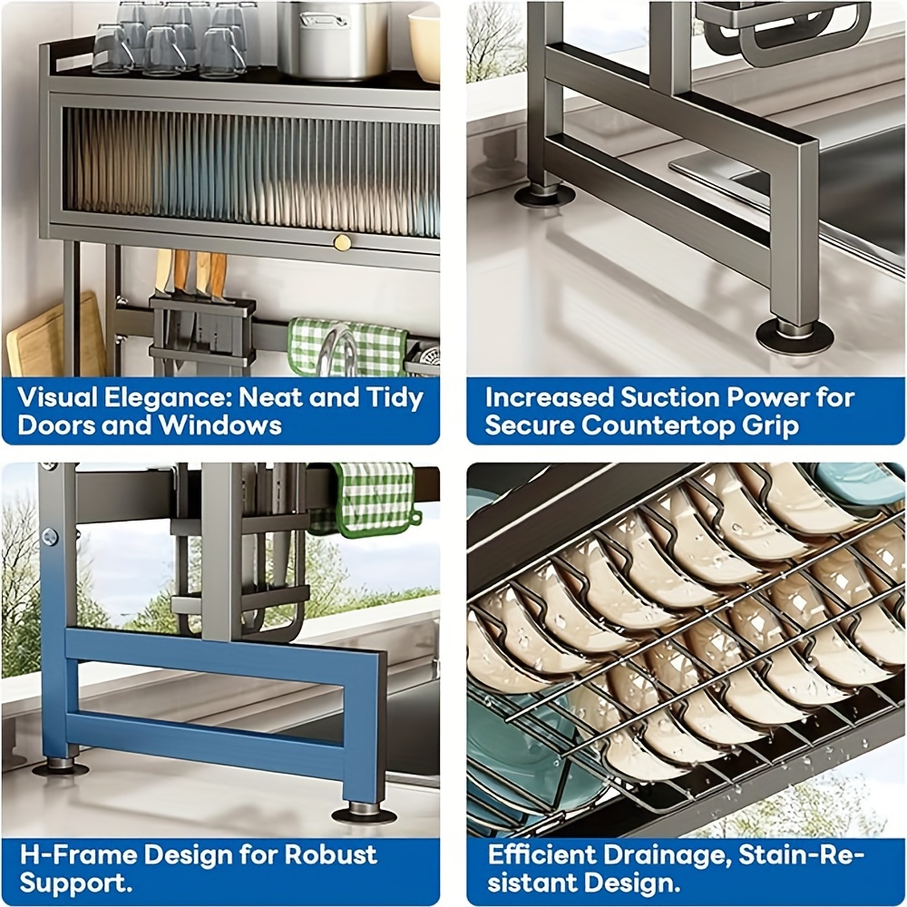 1pc escurridor de platos sobre el fregadero, estante de almacenamiento de metal de 3 niveles, organizador que para platos, vasos, tazones y cubiertos, y negro, en el piso, de estante de cocina multiusos, estantes de públicos detalles 6