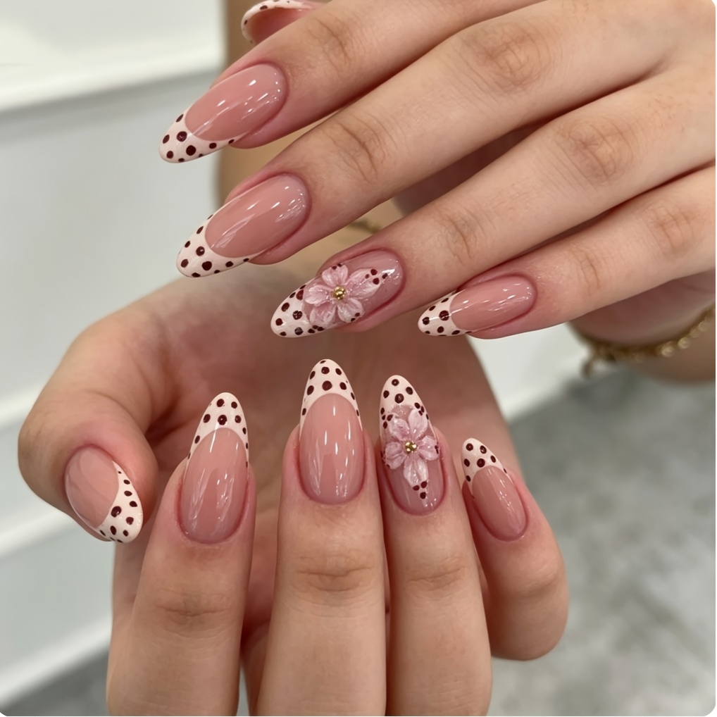 TEMU 10pcs Of Almond Fake Nails, Three-dimensional Iced Flowers French Matcha Polka Dots Sweet And Fashionable European And Detachable , White ,