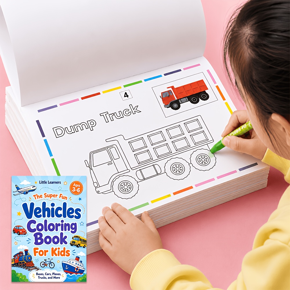 TEMU Libro da colorare con veicoli per bambini, 32 pagine con pagine da disegno di simpatici autobus, auto, aerei, treni, navi e mezzi di trasporto,