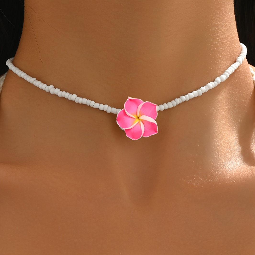 Image of 1 Style Hawaiian Polymer Clay Plumeria Woven Rice Bead Necklace Suitable For Women' Wear And Beach Travel Vacation Wear