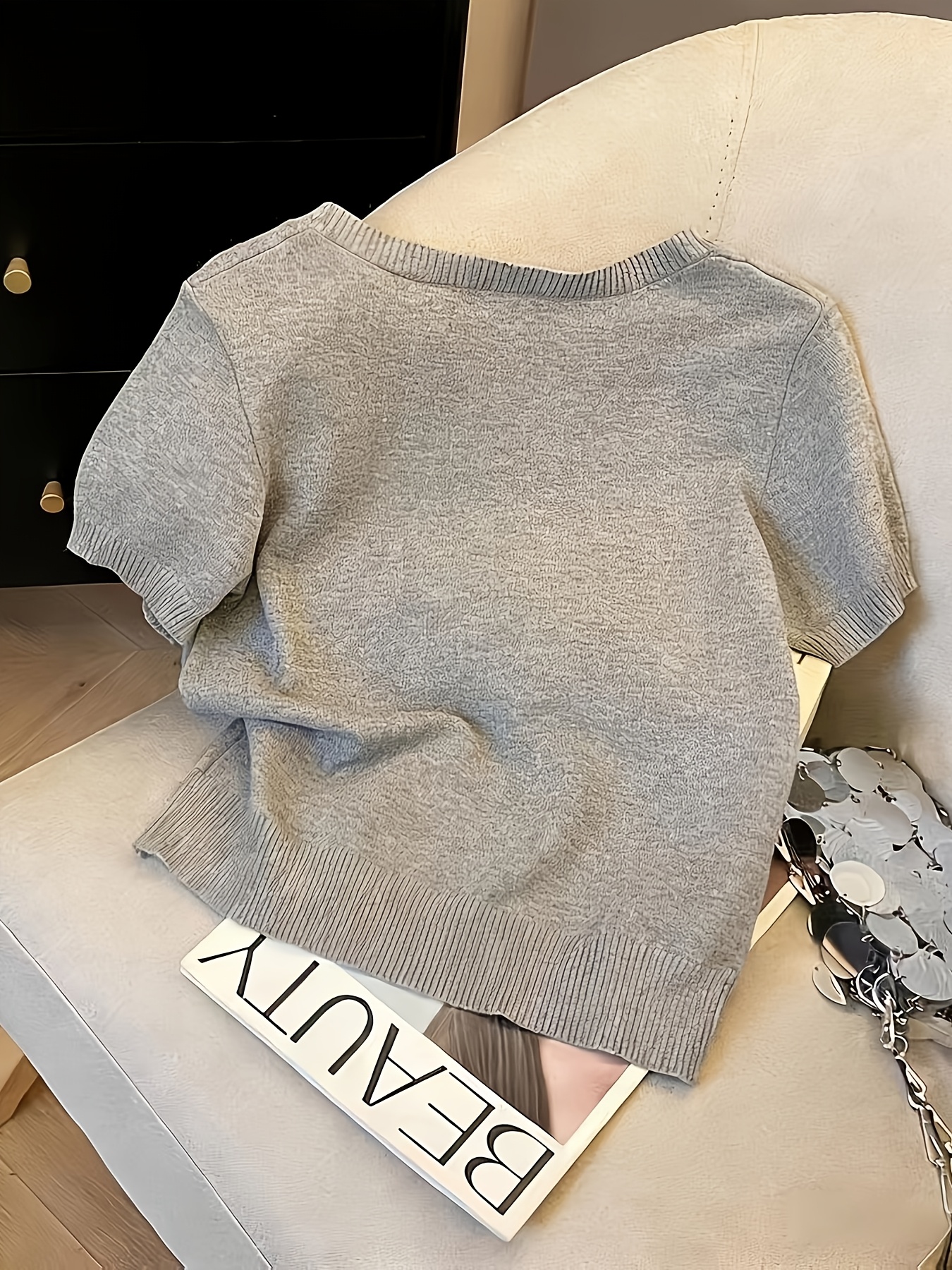 [Women's Faux Sweater] Women's Thin Round Neck Pullover Half-Sleeve Knitwear - Faux Five-Quarter Sleeve Sweater, Grey
