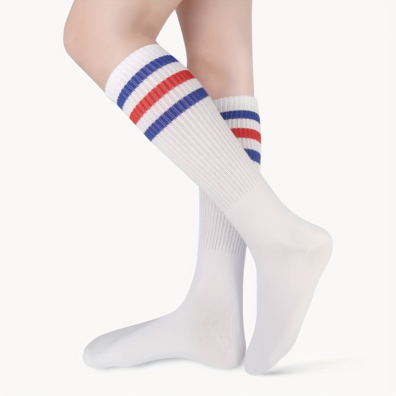 Image of Three-strip Knee-high Socks Calf Socks Sports Football Socks Over-the-knee Mid-calf Stockings