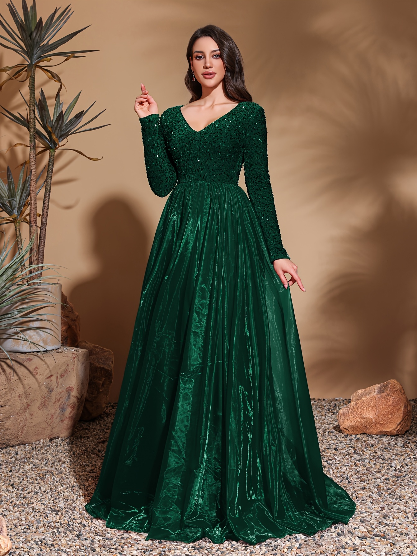 Sequin Green Long Gown With Sleeves Emerald Green Sequin V-Neck