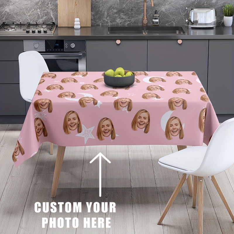 

Custom Personalized Photo Tablecloth, Polyester Knit Fabric, Machine Made Rectangular Table Cover, Family Customizable Tablecloth For - 100% Polyester