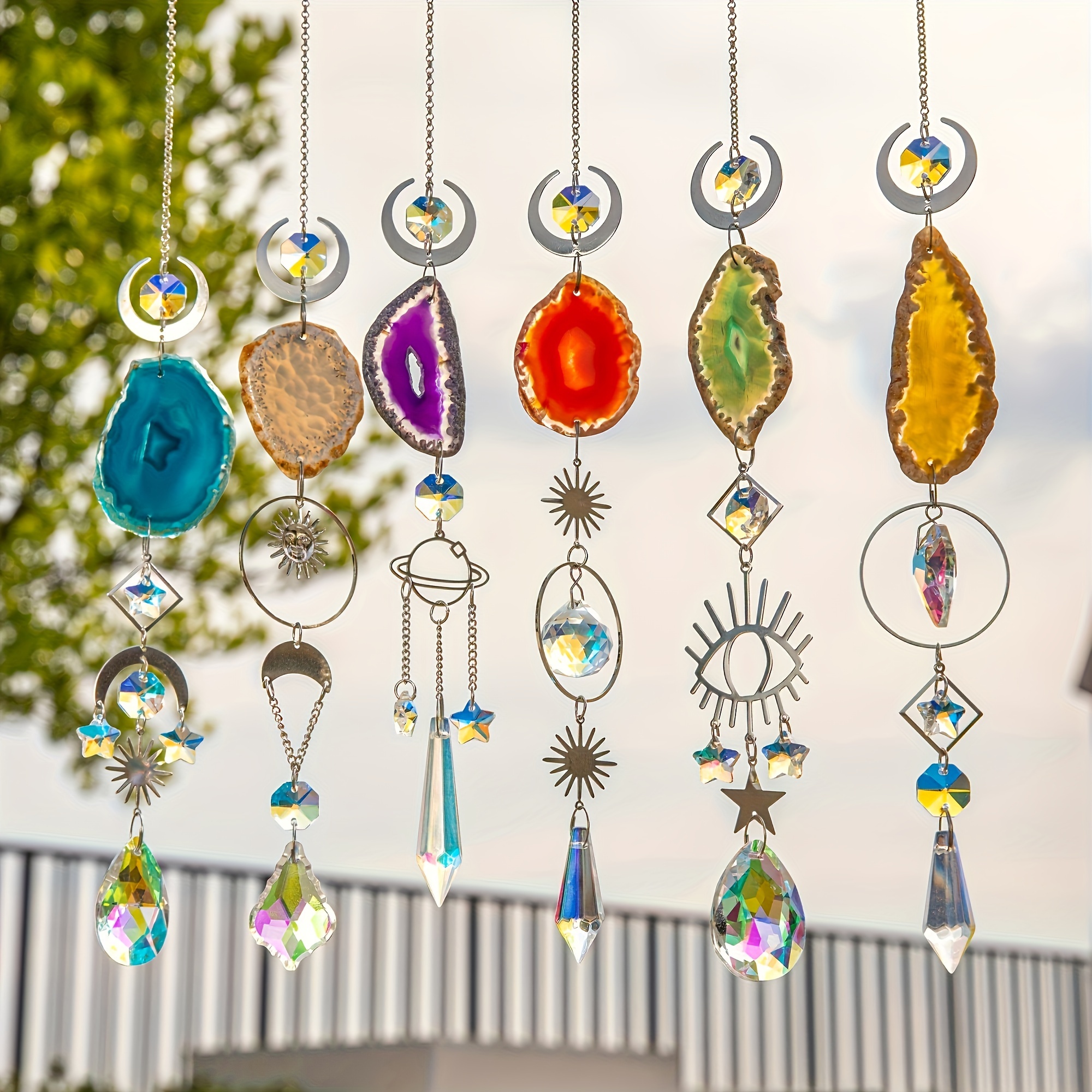 6 Pcs Exquisite Crystal Suncatcher - Indoor Window Hanging Decor with Prisms,Agate Slices,and Colorful Refractions for Home,Garden,and Wedding Decor_voghion.com