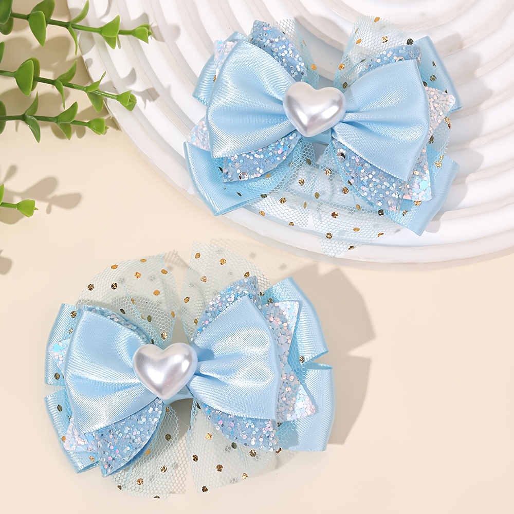 TEMU 2pcs Elegant Heart Bow Hair Clips For Valentine's Day, Mini Heart Decor Bow Hair Barrettes Glitter Bow Hair Accessories For Princess, Girls