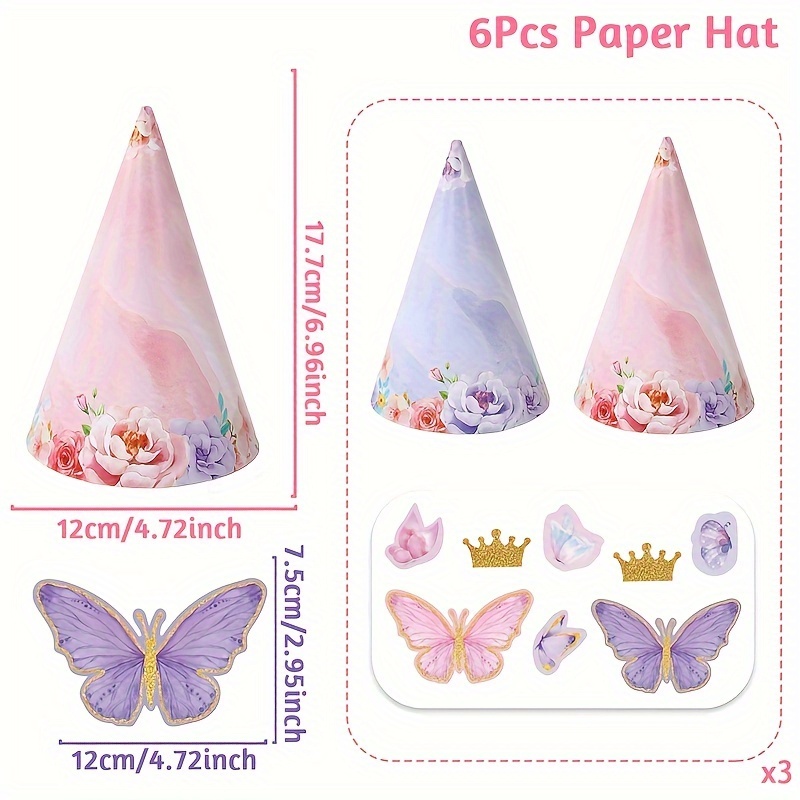 TEMU 6pcs, Party Packs, Pink Purple Birthday Hats, Disposable Paper Birthday Hats, Theme Party Supplies, Happy Birthday Party Decoration, Wedding