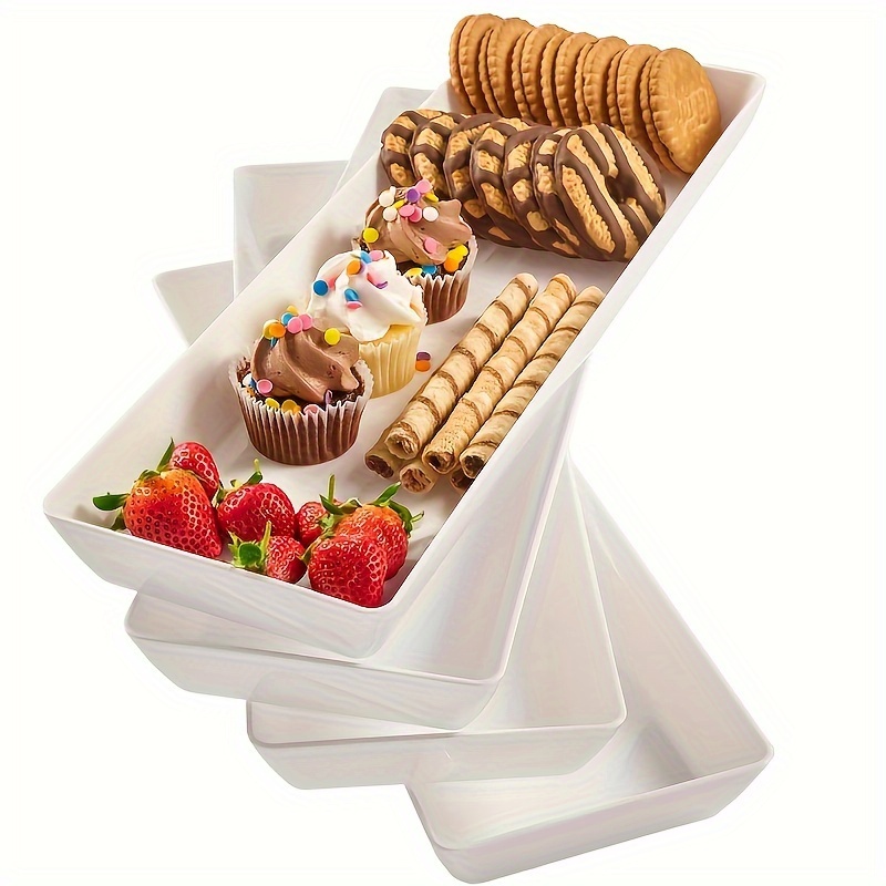 

White Plastic Serving Trays, Reusable Rectangular Party Platters For Appetizers, Fruits, Vegetables & Desserts, Durable Serveware Set