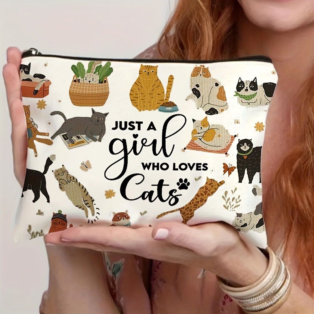 

Cat-themed Canvas Cosmetic Bag For Women - Lightweight, Foldable Zipper Pouch With " Who Cats" Design, Easy To Clean, Perfect Gift For Teachers & Friends, Cat Purse