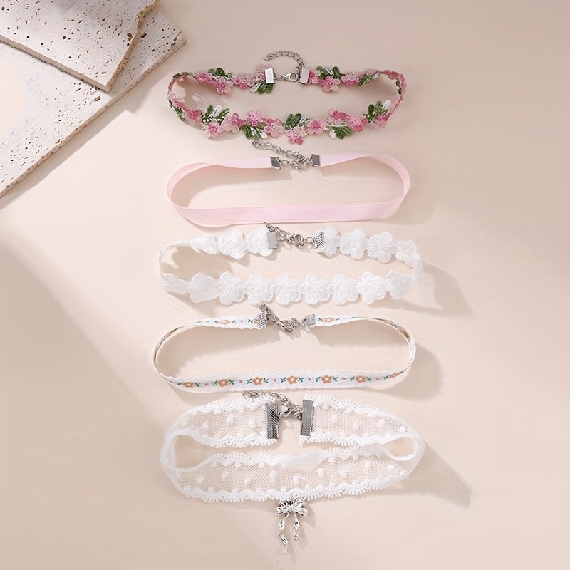 TEMU 5pcs/set Sweet Temperament Women's Fashion Neck Collar Choker Lace Floral Necklace Vacation Photo Accessory