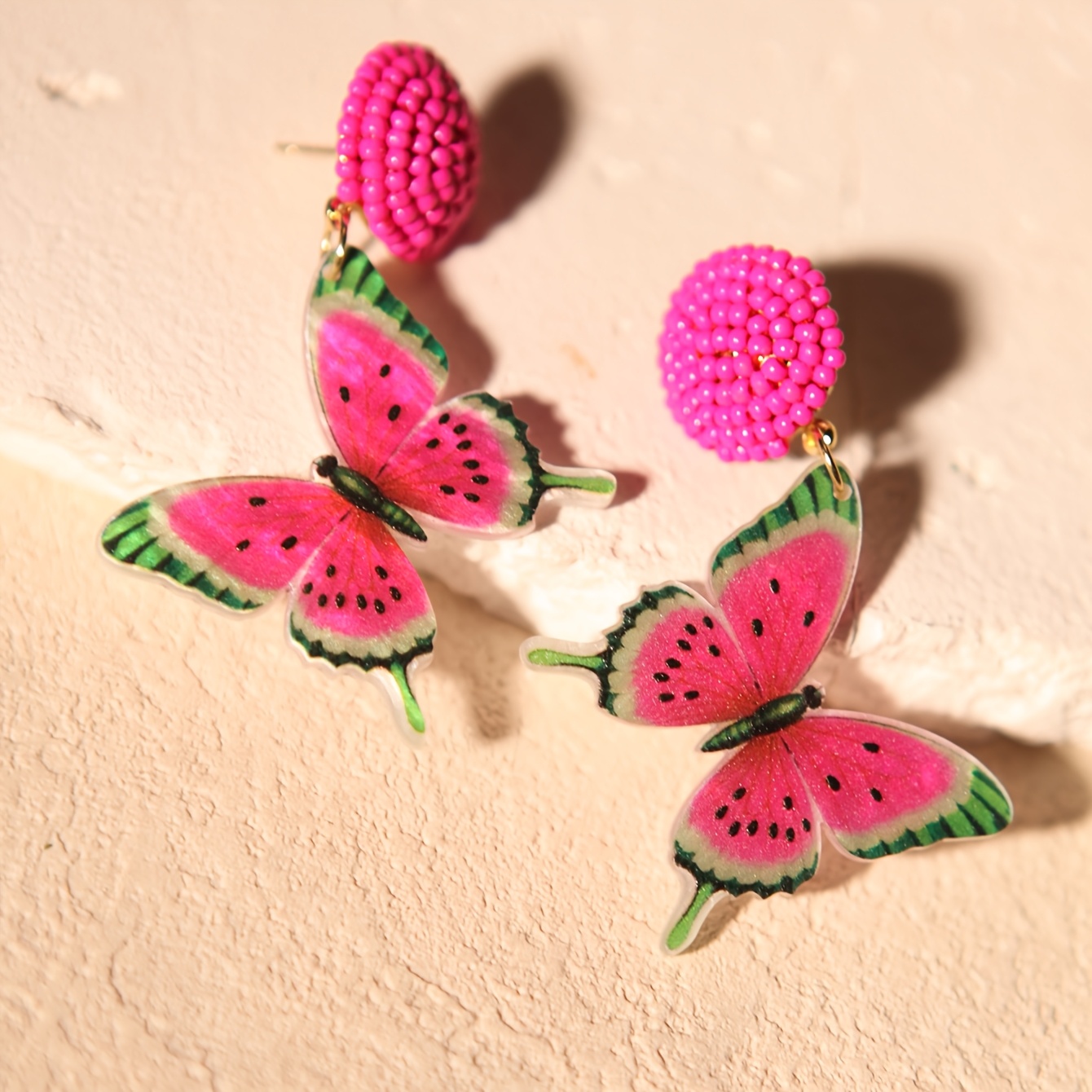 Women's Creative Rose-Red Butterfly Seed Bead Dangle Earrings