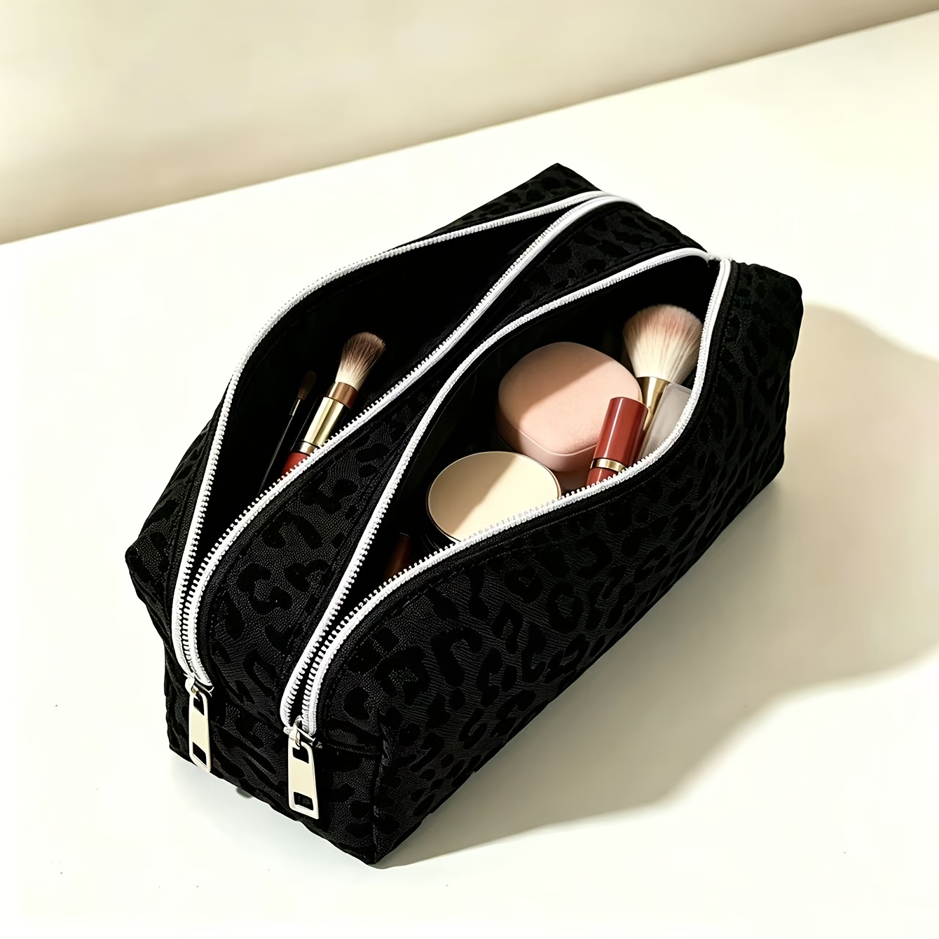 TEMU 1pc Black Mesh Makeup Bag, Double Storage Double Layer Grid Organizer, Octagonal Bag, Convenient Double Zipper Design Toiletry Bag, Suitable For