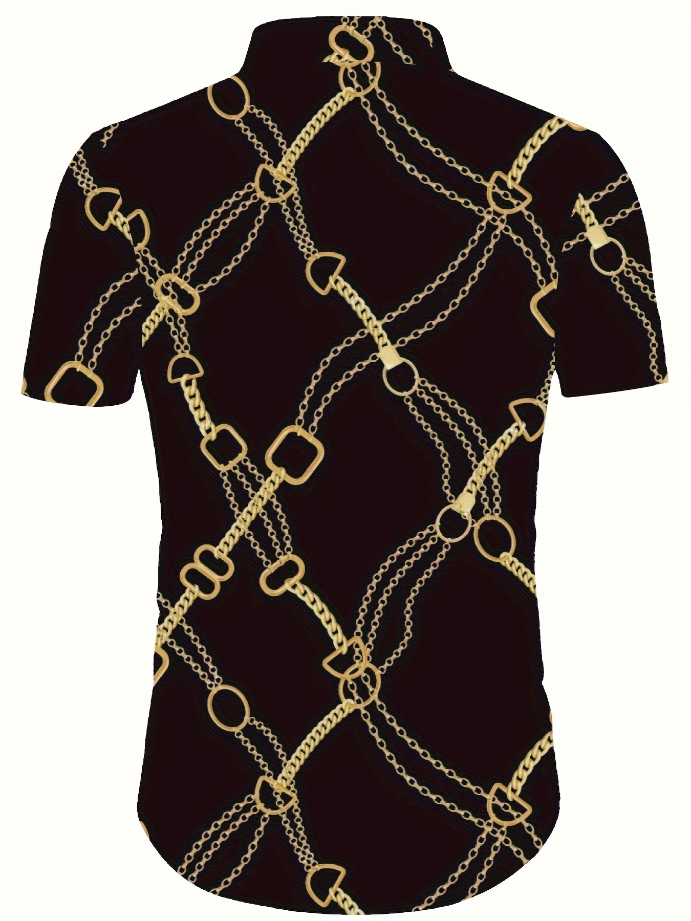 Black Chain Pattern Print, Men's Lapel Short Sleeve, Simple Trendy Shirt, Versatile Top For Holiday Spring Summer Dates Holiday Daily Commute Holiday Leisure Vacation