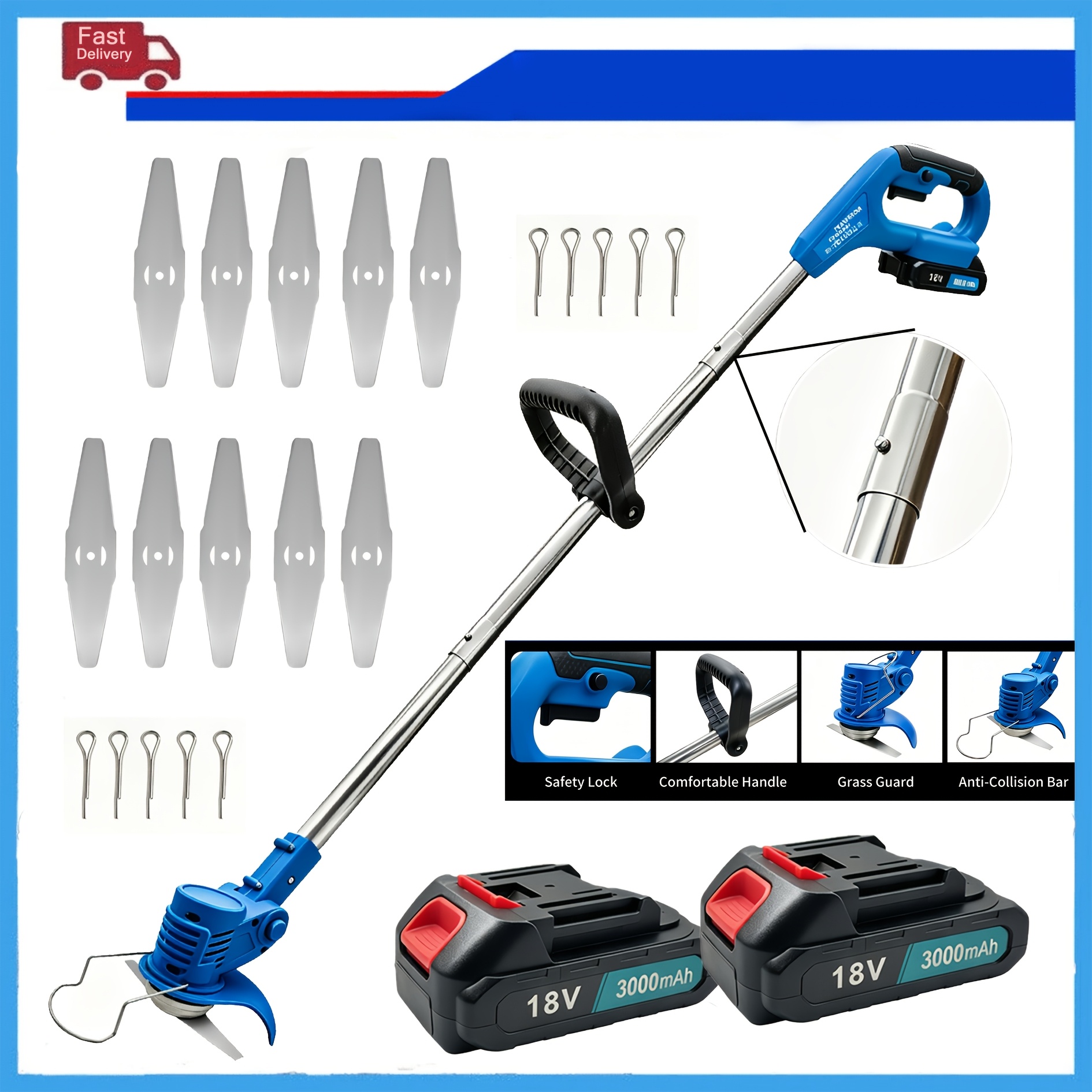 Image of 150w Brushless Cordless Electric Garden Strimmer, 10pcs Replacement Blade Kit, Dual 3000mah Batteries And Collapsible , High- Grass Trimmer For Clean-cut Lawn Edging