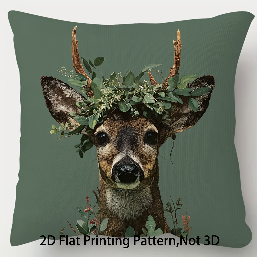 TEMU 1pc, Double-side Short Pillow Case, Deer Head With Green Wreath Throw Pillows Covers, Multiple Sizes , Suitable For Sofa, Living Room, Bedroom,