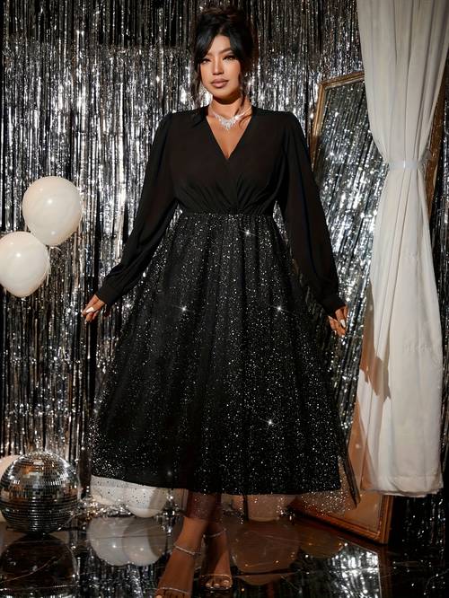 Plus Size - Plus Size, Women S Plus Size Elegant Formal Party Dress - Long Sleeve flared skirt, Non-Stretchy Fabric, Evening Gown for Weddings, , - Elegant Special Occasion Outfit, Dresses for Wedding Guest Elegant, for Galaxy Event Attire, Sophisticated Silhouette, Mesh Overlay Detail, Wedding Guest Dress, Material, Curvy Women Fashion