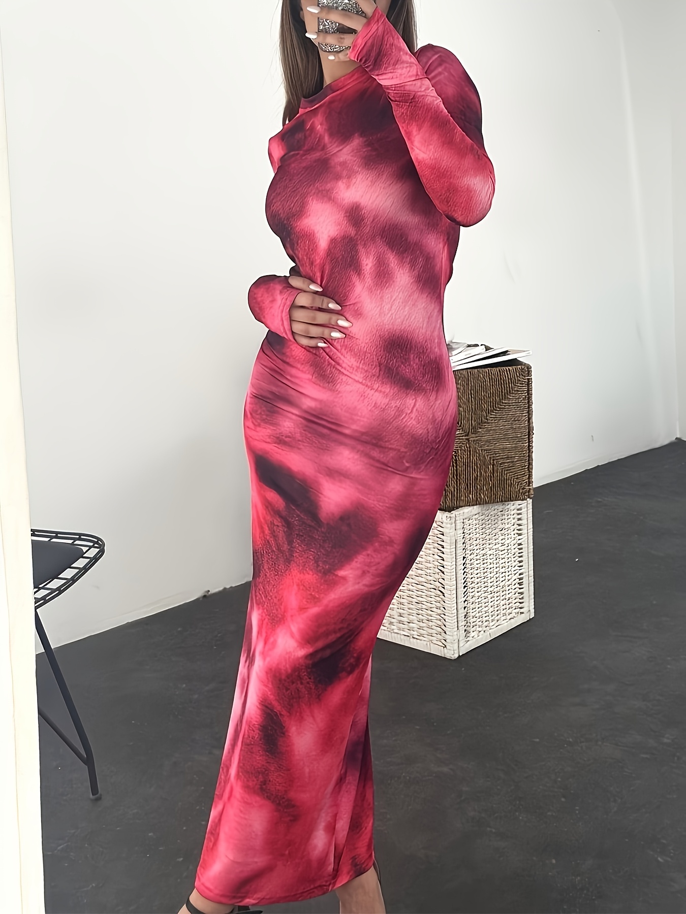 elegant tie dye print long sleeve dress fit - Temu Germany