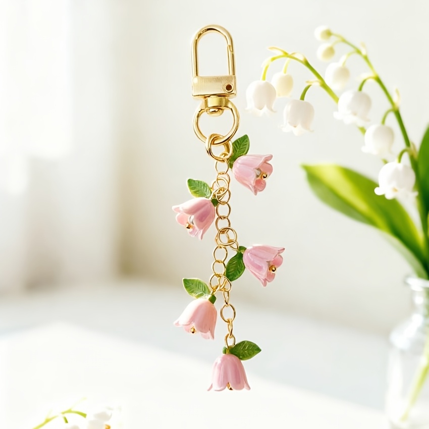 TEMU Porte-clés Orchidée avec Pompon, Anneau de Clé, Breloque de Sac à Dos, Pendentif pour Clé de Voiture, Accessoire pour Étui d'Écouteurs, Cadeau