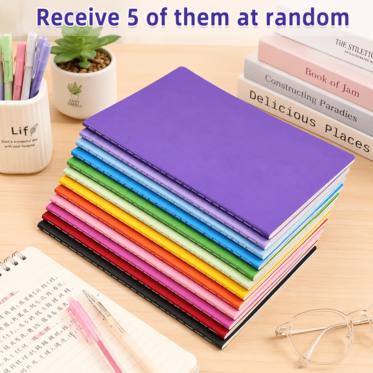 TEMU 5pcs Random Color Notebook Journal, A6 Medium Size Soft Stitch Bound Notebooks, 12 Bright Assorted Cover Colors, Pre-lined Inner Pages With Date