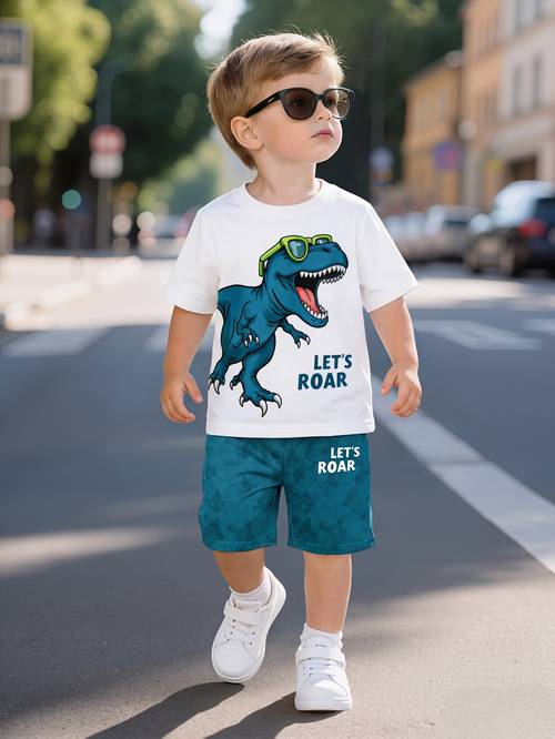 boys fashion short sleeve suit summer t shirt top and casual shorts 2 set humorous glasses dinosaur print trendy cool casual comfortable short sleeve shorts 2 set for boys daily outdoor sports wear casual outfits for outdoor