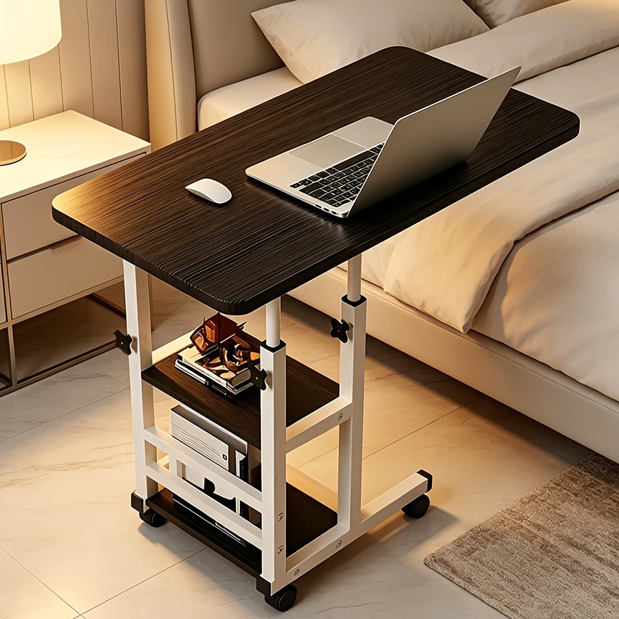 item picture adjustable height table with 2 tier storage rolling bedside desk portable standing desk suitable for sofa bed space saving workstation with wheels   for home office bedside table for small spaces  