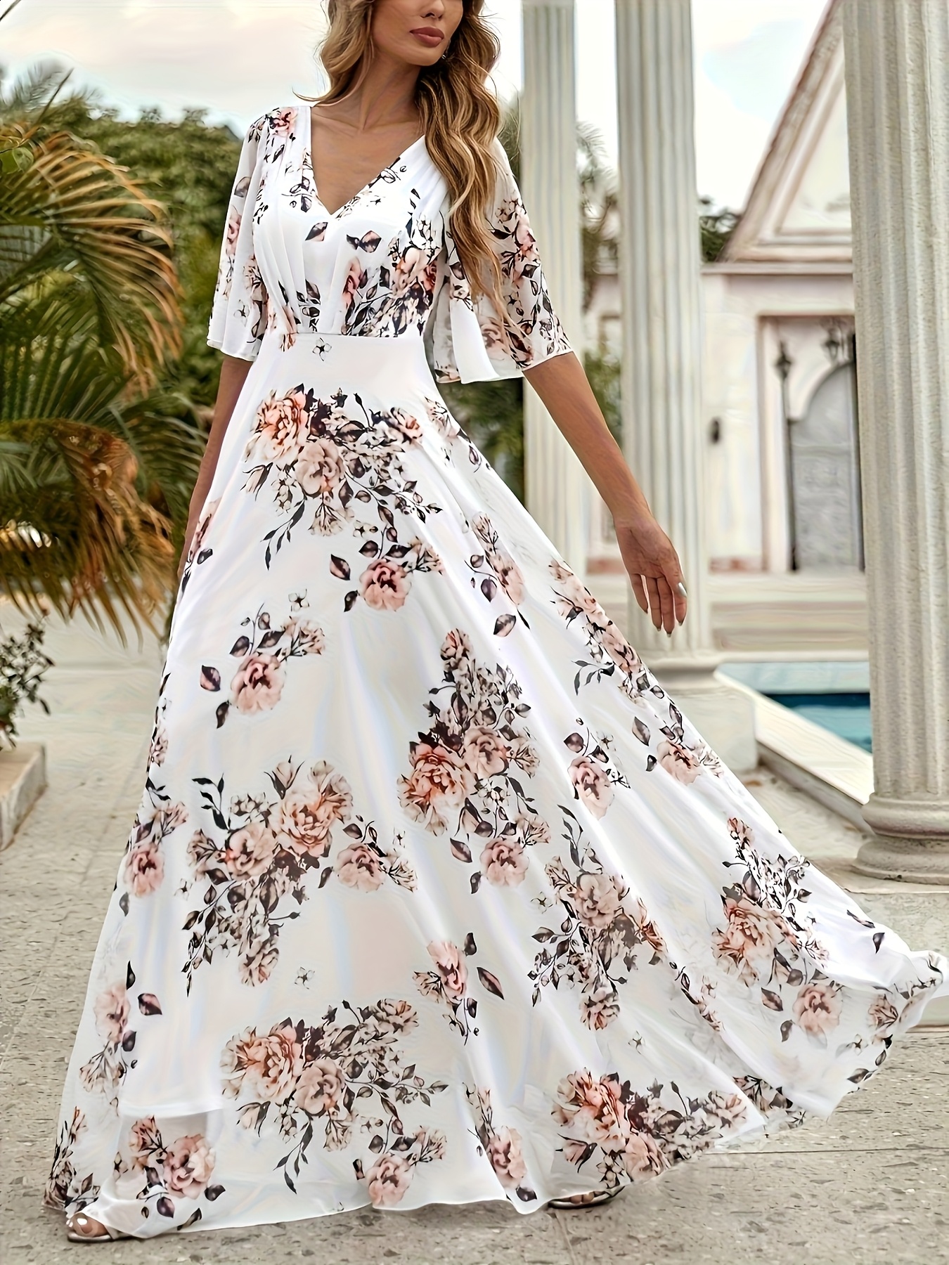 elegant white floral maxi dress women summer long v neck - Temu