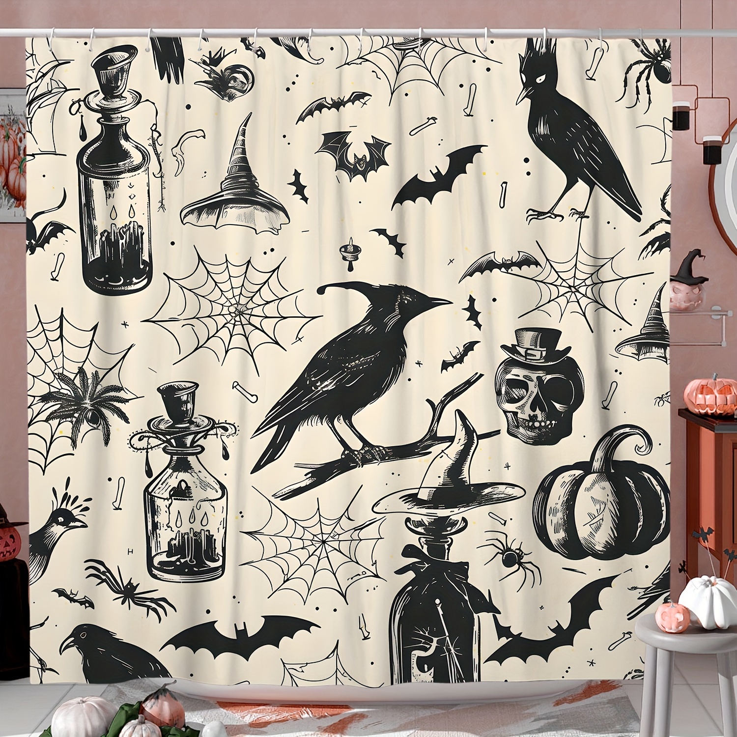 

1pc, Shower Curtain, Polyester, Vintage And Horror Design, Waterproof & Machine Washable, Black & White With Crow, , Pumpkin Patterns, Includes 12 Hooks, Bathroom Decor Decorations